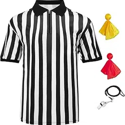 4 Pcs Men's Official Referee Costume Set Zipper Ref Shirt Stainless Whistle with Lanyard Red & Yellow Penalty Flag-image-53