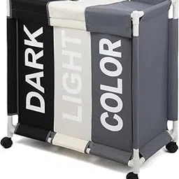 Royalkart® Laundry Basket with Wheels | 3 Compartment Laundry Hamper with Lid Cover | Rolling Laundry Clothes Basket | Bag Trolley (White+Grey+Black)-image-24