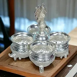 Sigaram German Silver 4-Cup Panchwala with Peacock Handle Kum Kum Cup for Temple, and Home Pooja Decor K4002-image-41