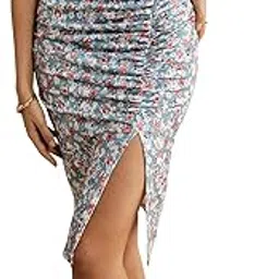 mikuchiku Women's Floral Ruched Midi Pencil Skirt with Side Slit ? Stretchy Lightweight Summer Skirt for Office, Casual or Work Wear-picture-29