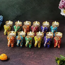 Dreamica Set of 12 Elephant Tealight Candle Holders with White Tealight Candles – Traditional Decorative Tea Light Holder Set for Diwali, Puja, Festive Home Decoration & Gifting-image-49