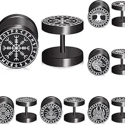flyun 6 Pairs Dainty Viking Runes Black Stud Earrings Set for Women Girls Men 20 Gauges 8mm Fashion Hypoallergenic Stainless Steel Piercing Ear Studs Packs-picture-24