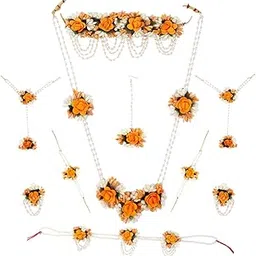 anuradha pearl Fashionable Orange and White Colour Bridal Flower Jewellery Set for Haldi Gota Patti Necklace Earrings, Bracelet & Maang Tika for Women & Girls.-picture-36