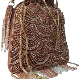 elegance footwear's & bags Rose Gold Beaded Potli Bag with Scallop Sequins & Tassels – Ornate Handbag for Bridal & Festive Occasions (Rose Gold)-picture-45