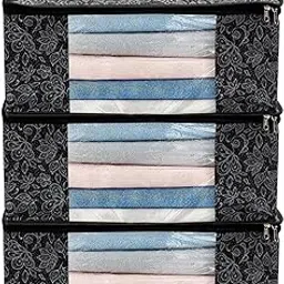 ANKIT INTERNATIONAL Foldable Saree Storage Box with Zip & Transparent Window | Non-Woven Fabric Clothes Organizer for Wardrobe | Dustproof Garment & Blanket Storage Bag | Black Pack of 3-picture-46