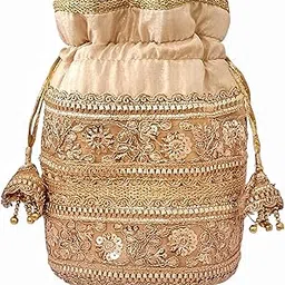 Beige Copper Embroidered Potli Bag for Women | Bridal & Wedding Potli Purse | Designer Ethnic Batua for Ladies | Stylish Festive Handcrafted Potli Bags for Return Gifts & Parties-image-9
