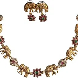 Kerala Bygone Fashion Antique Gold Elephant Temple Necklace with Earrings | Gold-Plated Traditional South Indian Bridal Jewellery with Ruby Stones-picture-36