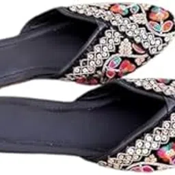Women's Embroidered Floral Punjabi Jutti Flats, Black with Multicolor Traditional Mirror Work, Cushioned Footbed, Handcrafted Ethnic Slip-On Sandals-image-29