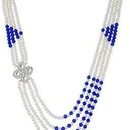 4 Layered Traditional Blue Colour Gold-Plated with Floral Design Pendant White pearl Dulha groom sherwani Necklace/Moti Mala for Men for wedding.-image-29