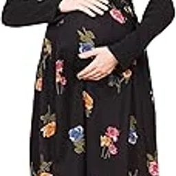 gravidanza9 Women’s Rose Flower Print Maternity Black Dress – Comfortable Stretch Cotton Jersey with Nursing Panel (Pack of 1)-picture-20