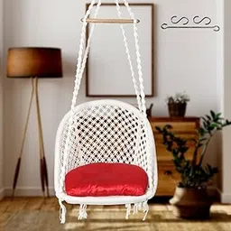 Patiofy D Shape Cotton Swing Jhula/Swing for Adults/Hammock Swing/Wooden Swing for Home, Living Room/Swing for Indoor, Outdoor/Includes 3ft. Hanging Chain Accessories & Red Cushion/Unjal Jhoola- White-image-45