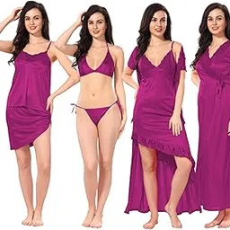 siami Apparels Designer Solid Satin 6 Piece Nightwear Set (1 Robe, 1 Nighty, 1 Top, 1 Shorts, 1 Lingerie Set) for Women | Sexy & Stylish | for Honeymoon, Valentine's Day, Bedroom-picture-13