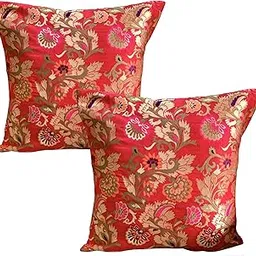 Pilovilo Brocade Silk Red 120 TC Cushion Covers Set Of 2 In Multicoloured Floral Design Festive Size 16"X16" With Silk Back (Red Oriental, Set Of 2, Regular Size)-image-0