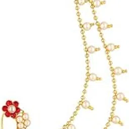cz stone Traditional Gold Plated Nose Pin with Red Stone and Beaded Chain-picture-13