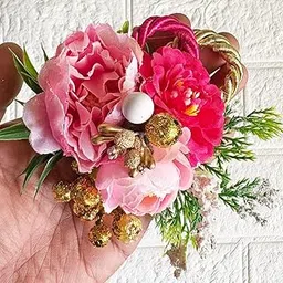 ADIKALA™ Handmade Artificial Big Peonies 3 Flower Bunch for Trousseau Packing, Ready to use Flower Brooch Hamper for Decoration, Gift Wrapping Flowers (6, Pink)-image-7