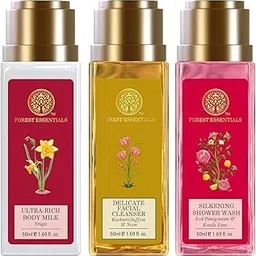 Forest Essentials Travel Size Ultra-Rich Body Milk Nargis & Forest Essentials Delicate Facial Cleanser Kashmiri Saffron & Forest Essentials Travel Size Silkening Shower Wash Iced Pomegranate & Kerala Lime-picture-27