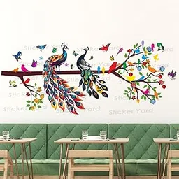 StickerYard PVC Vinyl Tree Peacock Branch Leaves Birds Self-Adhesive Wall Sticker for Home Decor/Decoration - Living Room, Bedroom, Kids Room (Multicolor, Size: 53X121 Cm)-image-90
