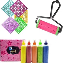 Ascension 5 Rangoli Colors Bottles Tubes with 1 Rangoli Making Roller & 6 Designer Stencils 6x6 Design Diwali Floor Rangoli Colours Powder for Navratri Pongal Pooja Onam Mandir Temple-picture-10