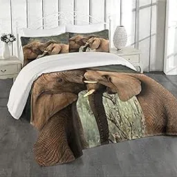 Ambesonne Savannah Coverlet, 2 Wild Savannah Animals Wrestling and Playing Nature South Animals Photo, 3 Piece Decorative Quilted Bedspread Set with 2 Pillow Shams, Queen Size, Brown and Green-image-21