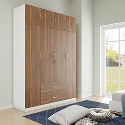 VIKI Wardrobe | Wooden Almirah for Clothes,Door for Bedroom with Loft, 4 Door Wardrobe with Drawer & Hanging Space (Frosty White with Brussel Walnut - 40Dx160Wx180H) | 1 Year Warranty | Free Assembly-picture-22
