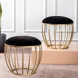 nestroots Velvet Ottoman Stool for Living Room | Set of 2 Metallic Stools for Sitting, Bedroom Pouffes, Side Table | 16 Inches Black Cage Design | Stylish & Durable Footrest Stool for Home-picture-16