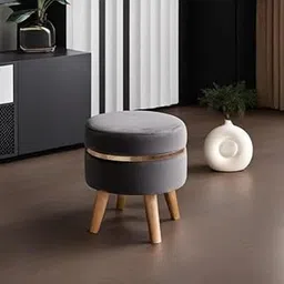 JUMBO CRAFTS Round Wooden Velvet Ottoman - Footrest Stool Linen Fabric Padded Seat Pouffe Ottoman Round Shape Pouffe/Office Stool for Living Room - (Grey)-image-19