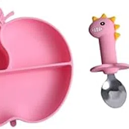 SNAPPSY Silicone Suction Plate Dinnerware Compact Food Plate for Table Kids Toddlers Pink Apple B-image-75