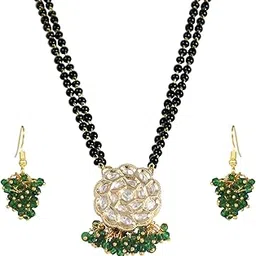 jfl Jewellery for Less Elegant Cz American Diamond and Green Bead Danglers Floral Pendant Mangalsutra Chain With Earring for Women.-picture-19