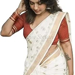 Women's Kerala Kasavu Golden Polka Dot Kerala Kasavu Cotton Saree With Golden Zari Borderwith Running Blouse-image-26
