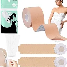 Heavy Duty Breast Lift Tape Roll + 36 Double Sided Body Tapes Strips + 40Pcs Reusable Nipple Covers for Women | Waterproof, Invisible Boob Tape for Large Bust, Strapless & Backless Dress Support-image-24