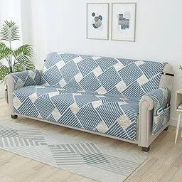 Story@Home Quilted Sofa Cover 3 Seater Fully Covered|175 X170 Microfiber Sofa Cover 3 Seater Greyish Blue Geometric Stripes Design 3 Seater Sofa Cover for Living Room & Create Your Own Customized Set image 1