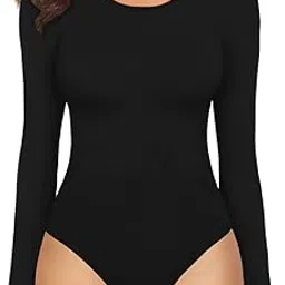 mangopop Women's Round Neck Long Sleeve Tops T Shirt Bodysuit (001 Long Sleeve (Black), Medium)-picture-16