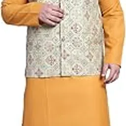 sojanya (Since 1958 Men's Cotton Blend Mustard Kurta & Orange Printed Nehrujacket with White Pyjama-picture-24