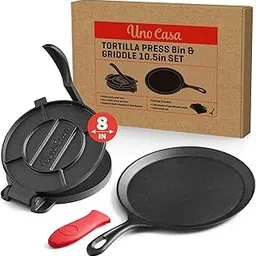 Uno Casa Cast Iron Tortilla Press 8 Inch - Bundle of Skillet for Roti / Comal Pan, Tawa / Dosa Pan Pataconera, Comales para Tortillas image 1