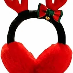 Christmas Reindeer Earmuffs, Plush Red and White Winter Ear Warmers with Antlers, Festive Holiday Design with Decorative Bow and Bell-picture-39
