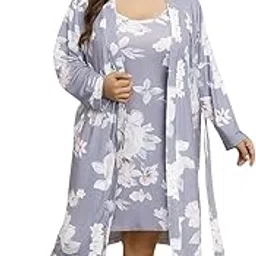 Women’s Floral Printed Nightwear Set – Soft Cotton Hosiery Short Nighty with Matching Robe in Lavender Color, Plus Size Comfortable Sleepwear for Ladies-image-87