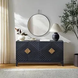 Goldview Furniture Solid Mango Wood Transitional Sideboard Buffet Cabinet Console with 2 Double Door Cabinets & Brass Foil Handles, Handcrafted Storage Unit – Natural Variation-image-35