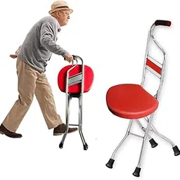Crysendo Walking Stick Cum Seat for Elders | Stick Chair Folding Durable & Comfortable Cane Stool | Easy Carry Cane Chair Travel Hiking Hand Stick Cum Stool (Red)-picture-30
