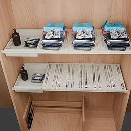 Adjustable Wardrobe Storage Organiser, Expandable Shelf System, White Plastic Cabinet Partition, Movable Basket (LARGE)-image-0