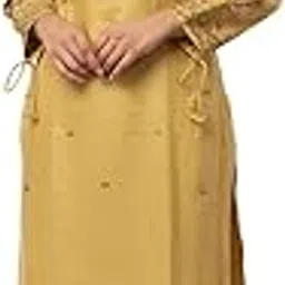 Women's Elegant Mustard Yellow Embroidered Cotton Kurta Pant Set, Traditional Indian Ethnic Wear With Tie-Up Sleeves-picture-11