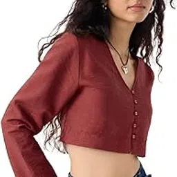 the souled store Minimalist Line: Toasted Brown Women and Girls Full Sleeves V-Neck Solid Viscose Nylon Regular Fit Lightweight Everyday Crop Top-picture-23