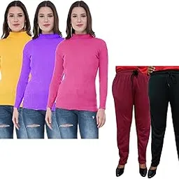 IndiWeaves Women Winter Wear Combo Pack- Full Sleeves High Neck/Skivvy and Fleece Warm Lower/Track Pants (Yellow, Purple, Pink, Maroon, Black,36) Pack of 5-image-18