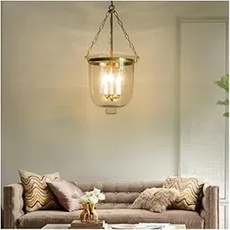 Rishabh Home Decoration Glass Bell Jar Pendant Light, Brass Chain Hanging Lamp, Clear Glass Dome with 3-Light Candle Fixture-image-40