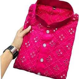 Men's Soft Cotton Kurta Knee Length Mirror Embroidered Work Traditional Kurta-picture-23