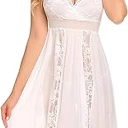Conighty - Women Lace Lingerie Front Closure Knee Length Babydoll V Neck Nightwear Sexy Nighty Lace Lingerie for Women Nightwear with Matching G-String-picture-55