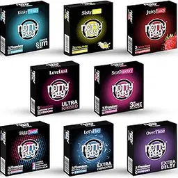 NOTTY BOY Condom Variety Pack Ultra Super Slim, Banana, Strawberry, Extra Ribbed, 3 IN One, 4in1, Lubricated, Over Time – 24 Units (Pack of 8)-image-15
