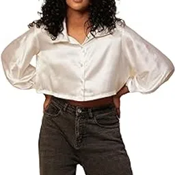 Solid Satin Top - Puff Three-Quarter Sleeves and Shirt Collar-image-4