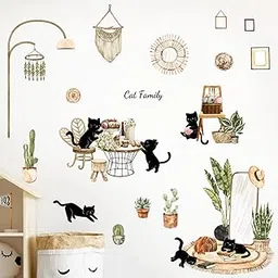 JAAMSO ROYALS Black Cat Family with Green Decorative Plants Water Proof Decorative Wallsticker (60 CM*90 CM)-image-11