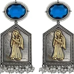 Traditional Ethnic Blue Stone Designer Earrings with Artistic Figurine Motif, Antique Silver-Gold Finish, Pearl Drops, Wedding & Festive Jewellery for Women-image-38