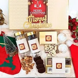 NutriSnacksBox Christmas Gift Hamper with Salted Cashew, Salted Almond , Chocoate cookis, Choco Nutties, Chocolate bites, coffee bites, lemon bites, Scented Candle, santa cap, Sock hanging, Christmas tree & Greeting Card for Employees, Family, Friends-picture-15